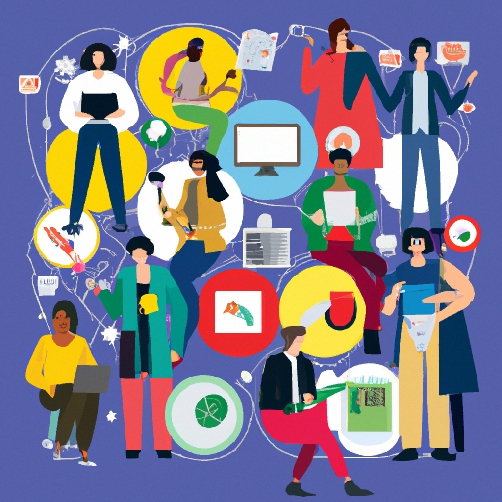 diverse group of people interacting with digital devices, posting reviews and testimonials, engaging with social media platforms, creating user-generated content, diverse backgrounds and devices, authentic interactions, digital community