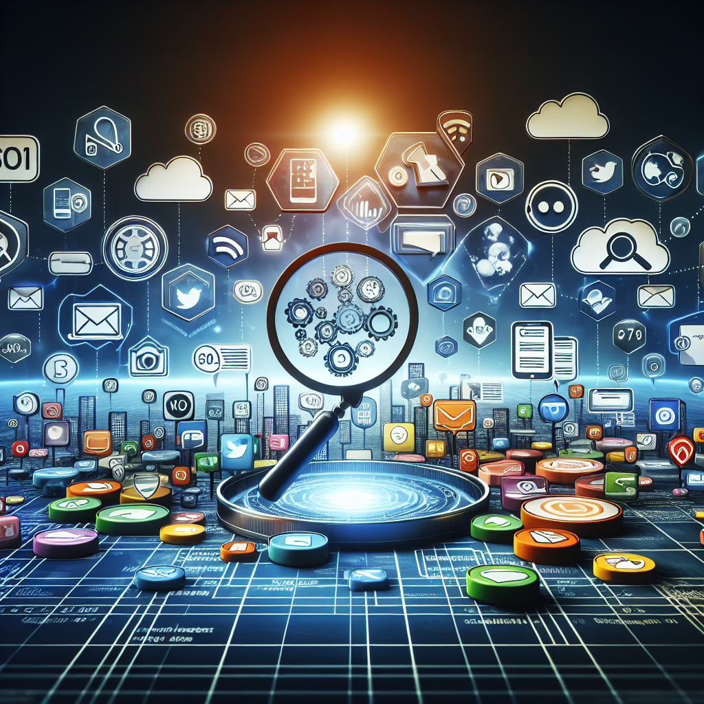 Digital marketing strategy concept with icons of SEO, social media, email, video, and analytics