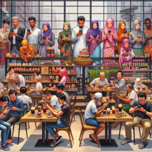 A bustling cafe scene in Kuala Lumpur, showing a modern, vibrant Café Rise with customers using smartphones, contrasted against the more traditional Café Stall with a rustic charm and older clientele, vivid colors, detailed environment