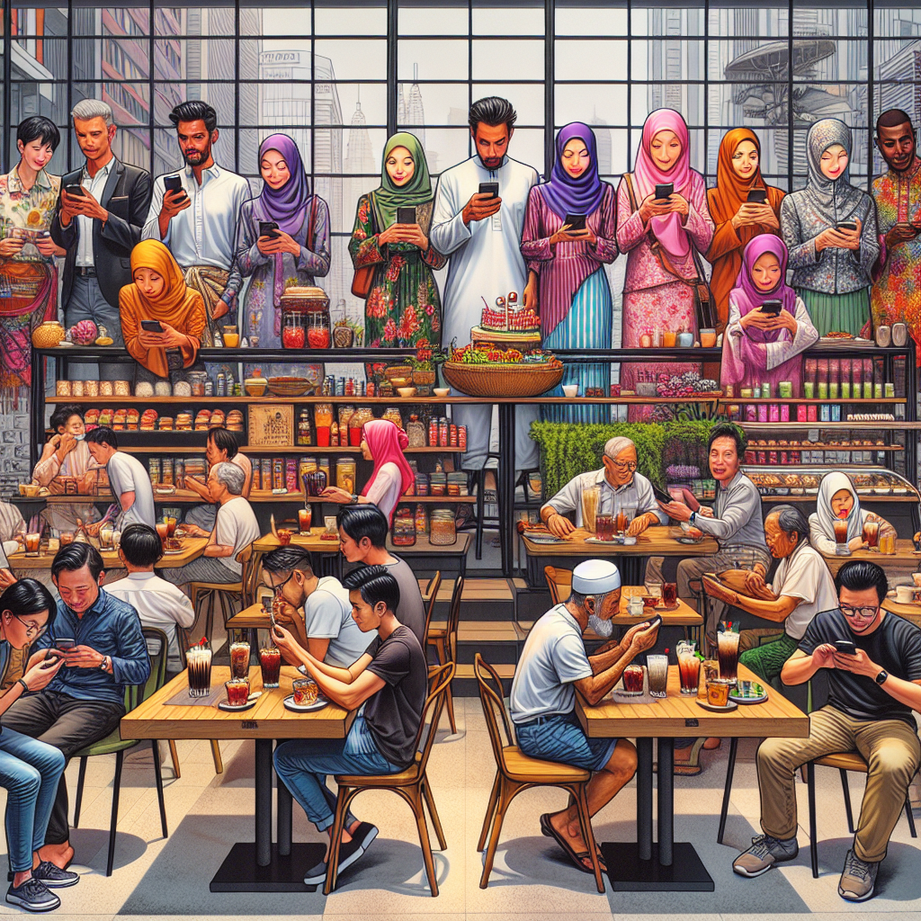 A bustling cafe scene in Kuala Lumpur, showing a modern, vibrant Café Rise with customers using smartphones, contrasted against the more traditional Café Stall with a rustic charm and older clientele, vivid colors, detailed environment