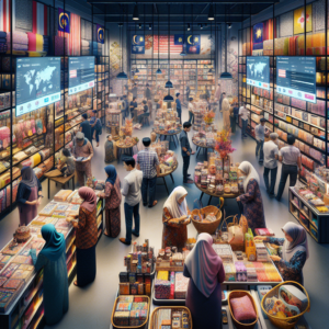 busy Malaysian retail shop with customers browsing items, vibrant displays of local products, digital screens showing real-time SEO results, a bustling atmosphere