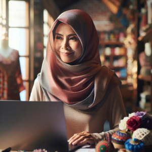 A Malaysian small business owner, a woman in her 40s wearing a headscarf, smiling confidently while looking at a laptop displaying her e-commerce website with traditional crafts. Her shop, filled with colorful goods, is visible in the background, warm natural sunlight, cinematic atmosphere, ultra realistic, highly detailed, 8k quality, photorealistic