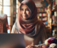 A Malaysian small business owner, a woman in her 40s wearing a headscarf, smiling confidently while looking at a laptop displaying her e-commerce website with traditional crafts. Her shop, filled with colorful goods, is visible in the background, warm natural sunlight, cinematic atmosphere, ultra realistic, highly detailed, 8k quality, photorealistic