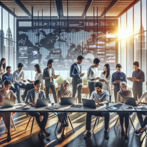 A diverse group of Malaysian professionals, men and women, collaboratively working on laptops and tablets in a modern, sunlit co-working space, discussing digital marketing strategies with charts and graphs on a large screen in the background, vibrant and dynamic atmosphere, professional attire, natural light, high-resolution, photorealistic
