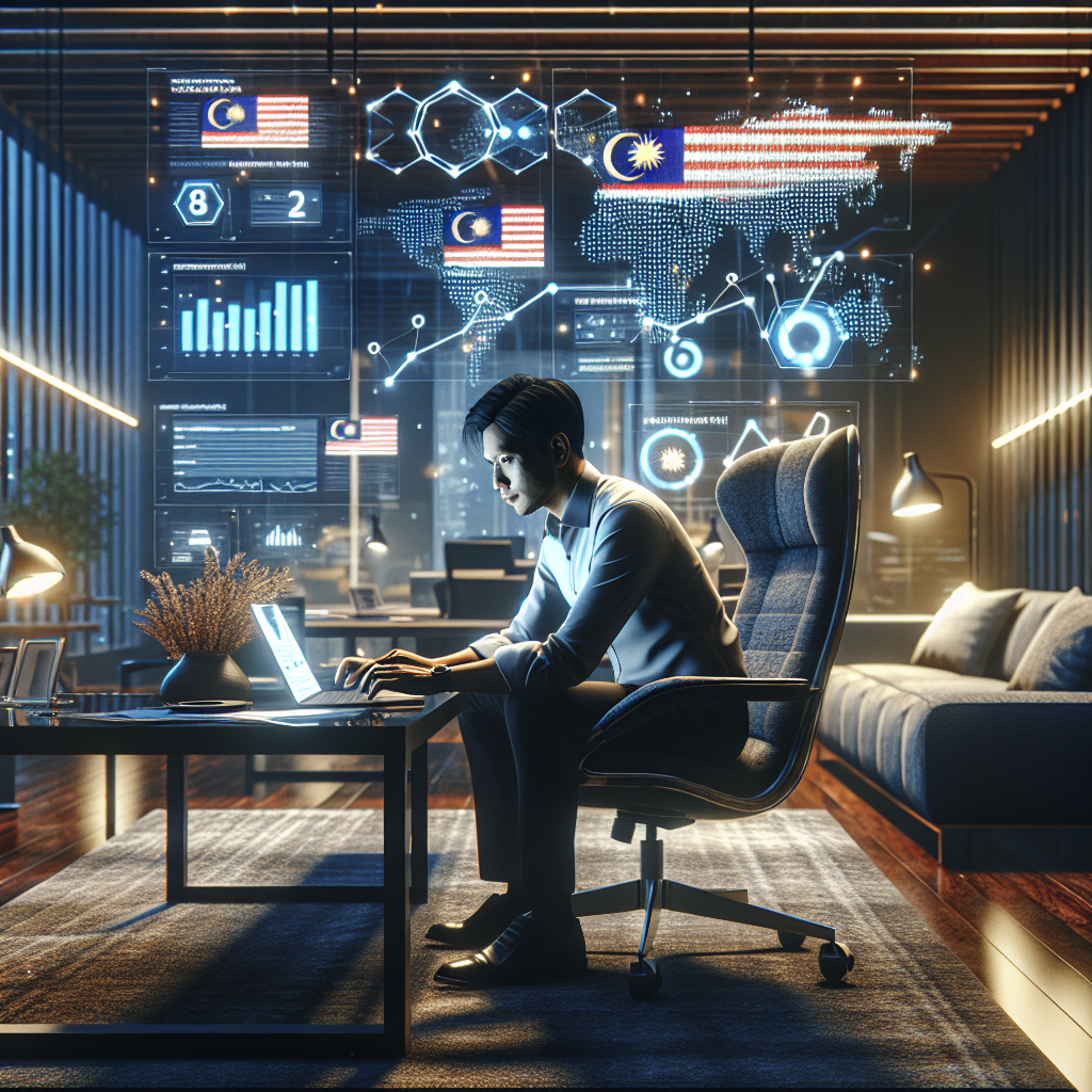 A Malaysian entrepreneur looking thoughtfully at a laptop screen displaying Google Analytics data, with charts and graphs indicating website traffic and user behavior. The office is modern, with subtle Malaysian cultural elements in the decor, warm lighting, and a focused, determined mood. The entrepreneur is analyzing 'Your' business's digital performance, ultra realistic, highly detailed, 8k quality, photorealistic