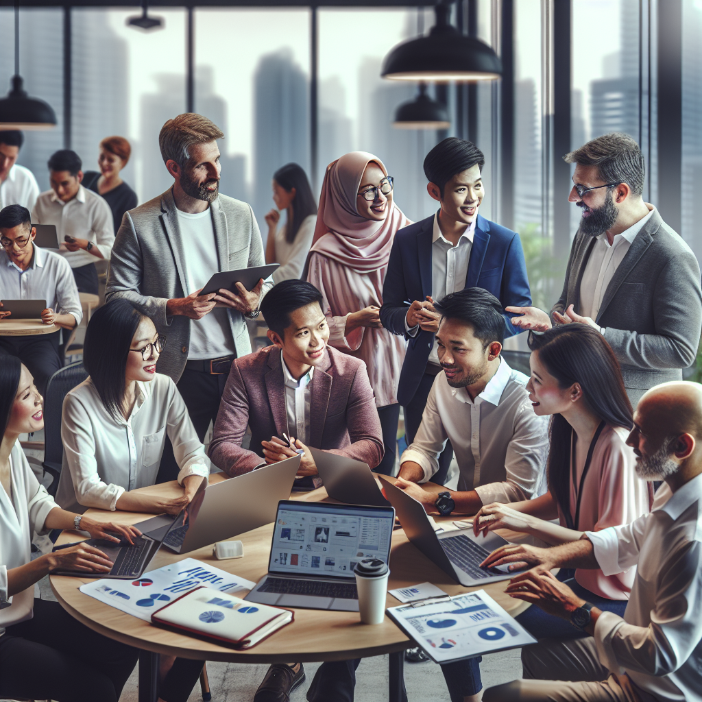 A diverse group of Malaysian business owners networking and collaborating in a modern co-working space, with laptops open, di