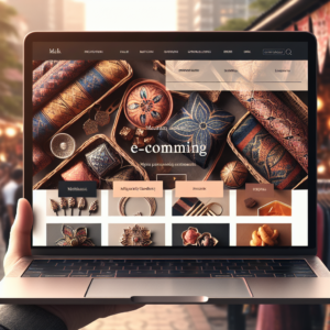 A modern, clean e-commerce website displaying various Malaysian-made artisanal products like batik scarves, handcrafted jewelry, and local snacks. The website features clear product images, easy navigation, and a prominent 'Add to Cart' button, all rendered on a laptop screen with a subtle bokeh background of a bustling Malaysian market. Warm, inviting colors, highly detailed, photorealistic, educational tone.