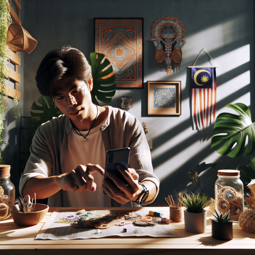 beyond - A Malaysian entrepreneur filming a short, engaging video for TikTok. They are in a well-lit home office, holding a s