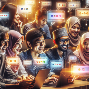 A diverse group of Malaysian entrepreneurs actively participating in an online forum discussion, vibrant and modern digital interface, speech bubbles with diverse languages, collaborative and friendly atmosphere, various devices like laptops and tablets, warm lighting, ultra realistic, highly detailed, 8k quality, photorealistic