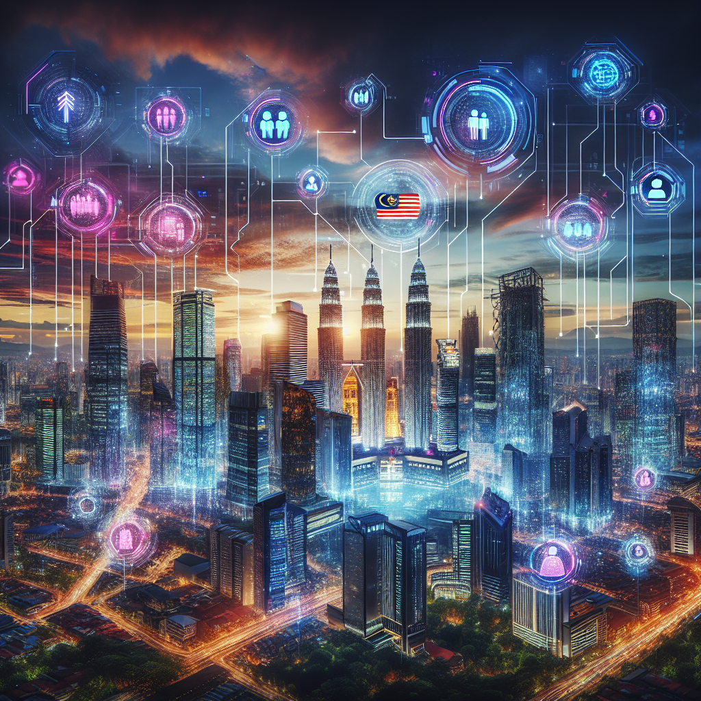 A futuristic cityscape at dusk, glowing with digital connections and data streams, Malaysian flag subtly integrated into the