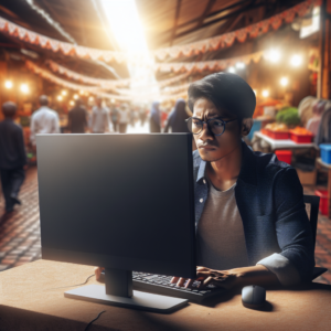 A frustrated Malaysian small business owner looking at a blank computer screen, symbolizing online invisibility, with a blurred background of a bustling local market, warm sunlight, realistic, detailed, 8k quality, photorealistic