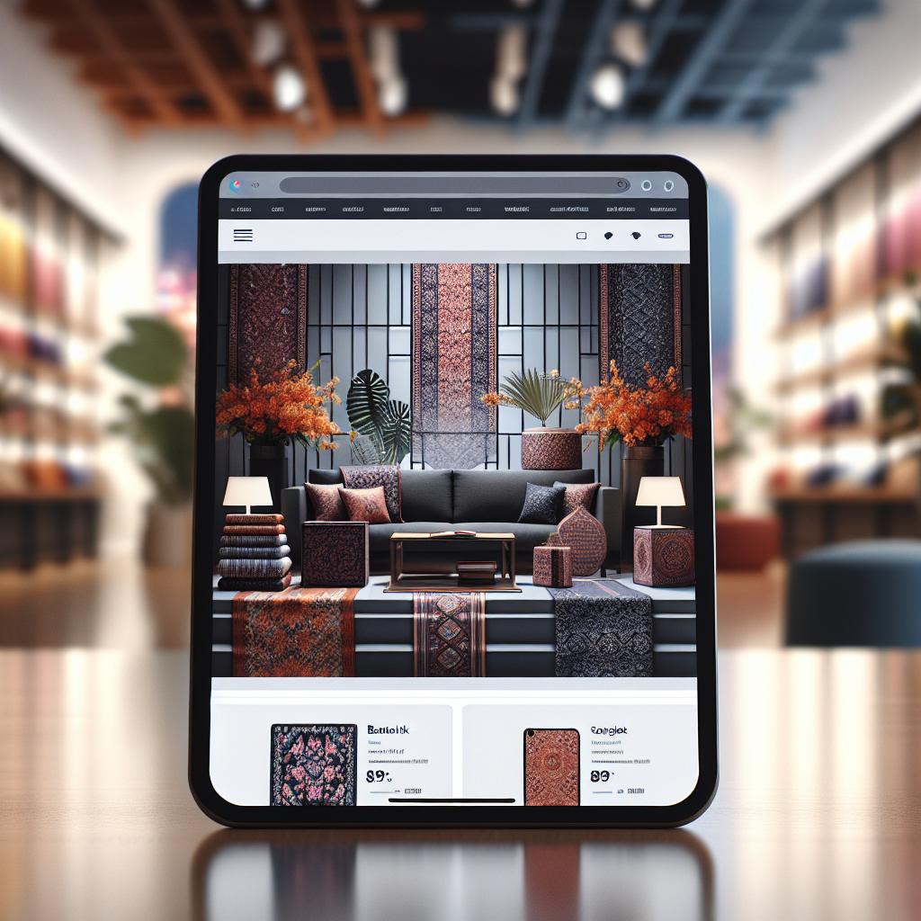 essential - A sleek, modern e-commerce website interface displaying traditional Malaysian products like batik and songket, vi