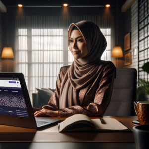 A Malaysian small business owner, a woman in her 30s wearing a headscarf, looking confidently at a laptop screen displaying a modern, clean website interface. She is sitting in a cozy, well-lit office space with traditional Malaysian batik patterns subtly integrated into the decor. There are plants and a cup of teh tarik on her desk. The mood is optimistic and professional, with a focus on digital empowerment, cinematic lighting, ultra realistic, highly detailed, 8k quality, photorealistic
