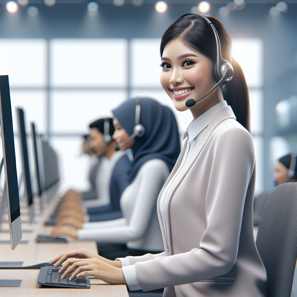 invisible - A customer support agent, a young Malaysian woman, smiling warmly while wearing a headset and typing on a compute