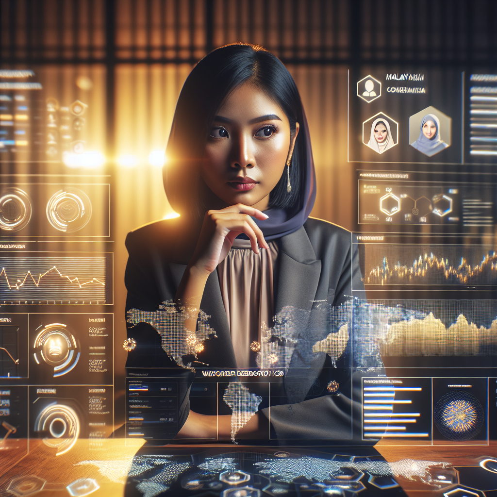 A Malaysian entrepreneur looking thoughtfully at a holographic dashboard displaying various digital marketing analytics data: website traffic, customer demographics, social media engagement, sales conversions. The entrepreneur is in a modern office, with subtle traditional Malaysian patterns in the background, a warm, focused lighting, cinematic, ultra realistic, highly detailed, 8k quality, photorealistic