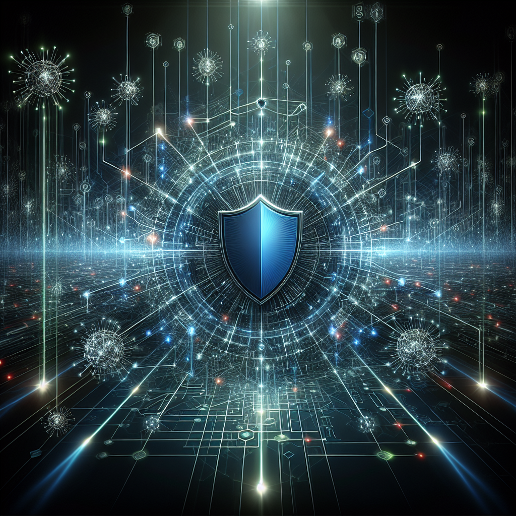 proven - A digital network security diagram showing interconnected nodes and data streams, with a shield icon at the center,