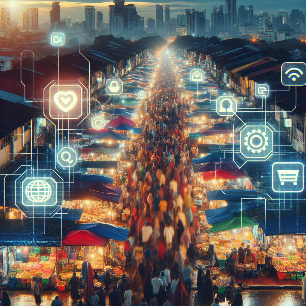 A bustling Malaysian street market at dusk, with digital overlays showing search bars, social media icons, and online shopping carts hovering above the stalls, illustrating the blend of traditional business with modern digital commerce. Warm, ambient lighting, realistic, highly detailed, 8k quality, cinematic atmosphere.