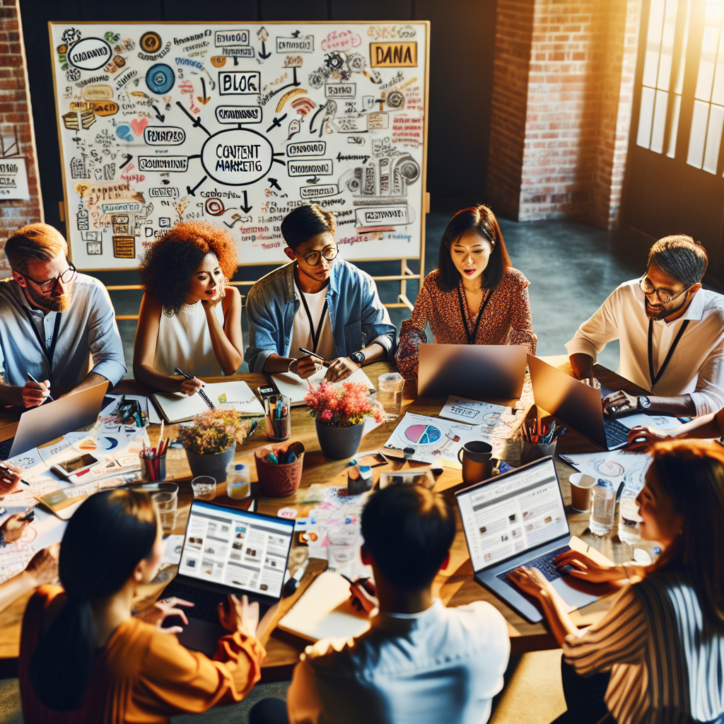 your - A diverse group of Malaysian small business owners collaborating on a content marketing strategy around a large table,