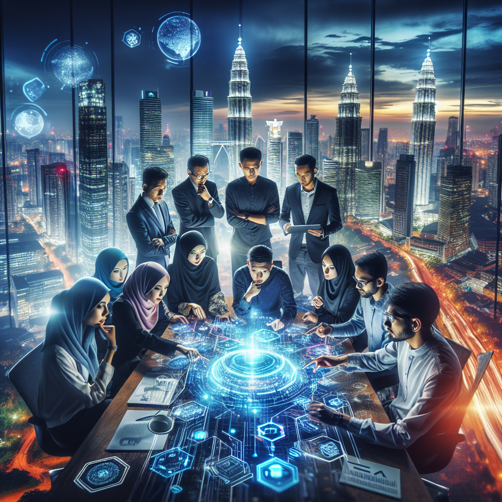 A diverse group of Malaysian entrepreneurs looking at a holographic projection of a digital marketing strategy, futuristic, vibrant city background at dusk, collaborative atmosphere, ultra realistic, highly detailed, 8k quality, photorealistic