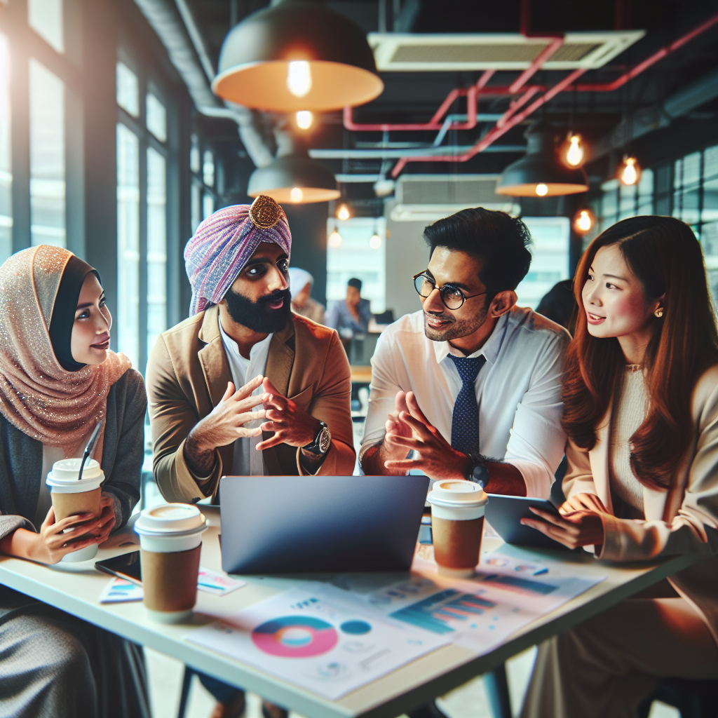 beyond - A diverse group of Malaysian business owners collaborating in a modern co-working space, discussing digital strategi