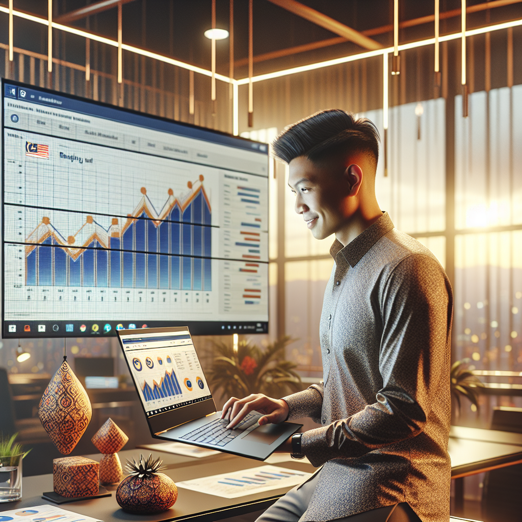 A Malaysian small business owner confidently looking at a laptop screen, which displays a website analytics dashboard with rising graphs. The office setting is modern and bright, with subtle elements of Malaysian culture, like a batik pattern on a desk accessory. Warm, encouraging lighting, focused and determined mood, ultra realistic, highly detailed, 8k quality, photorealistic