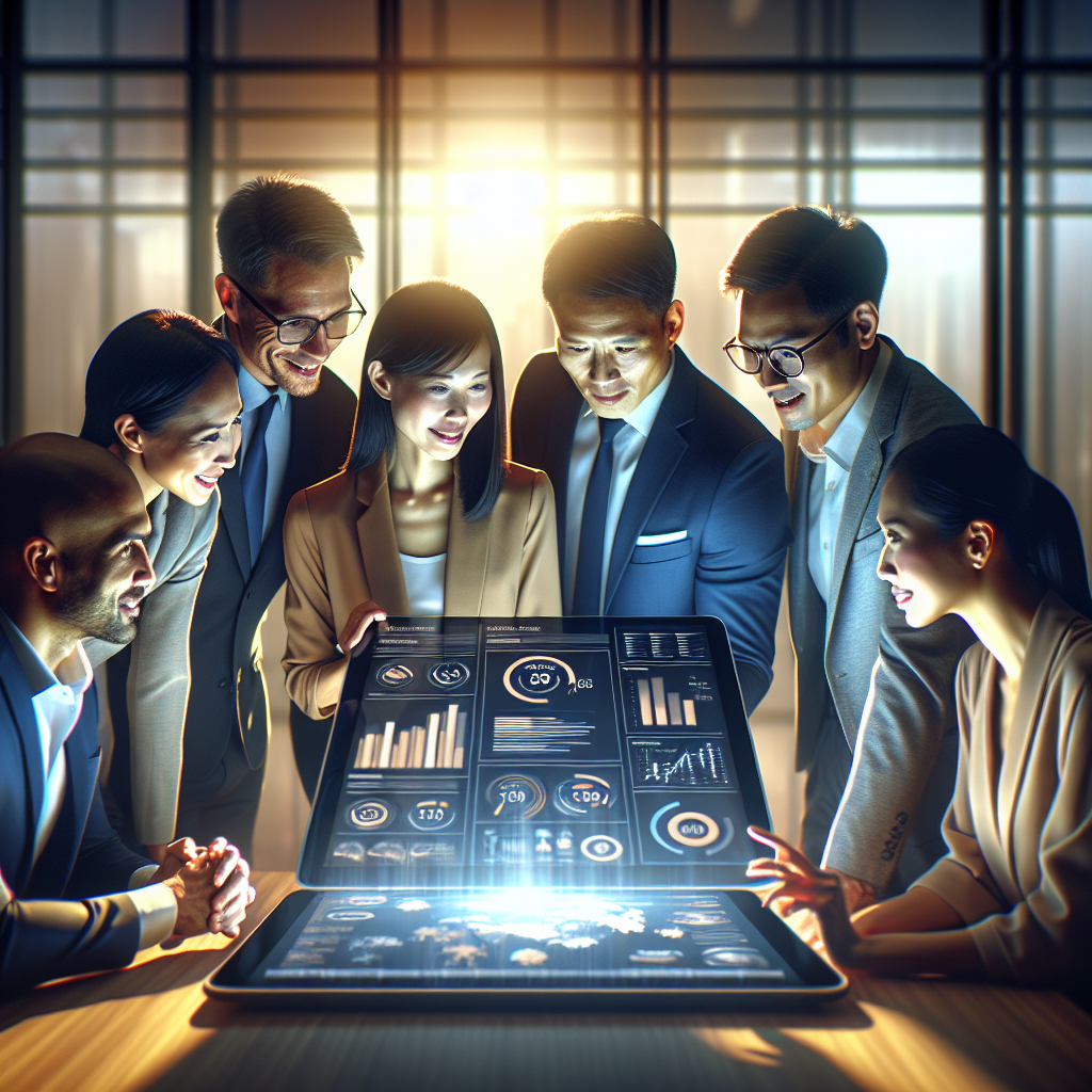 your - A diverse group of Malaysian business professionals collaborating around a large tablet, displaying a well-designed so