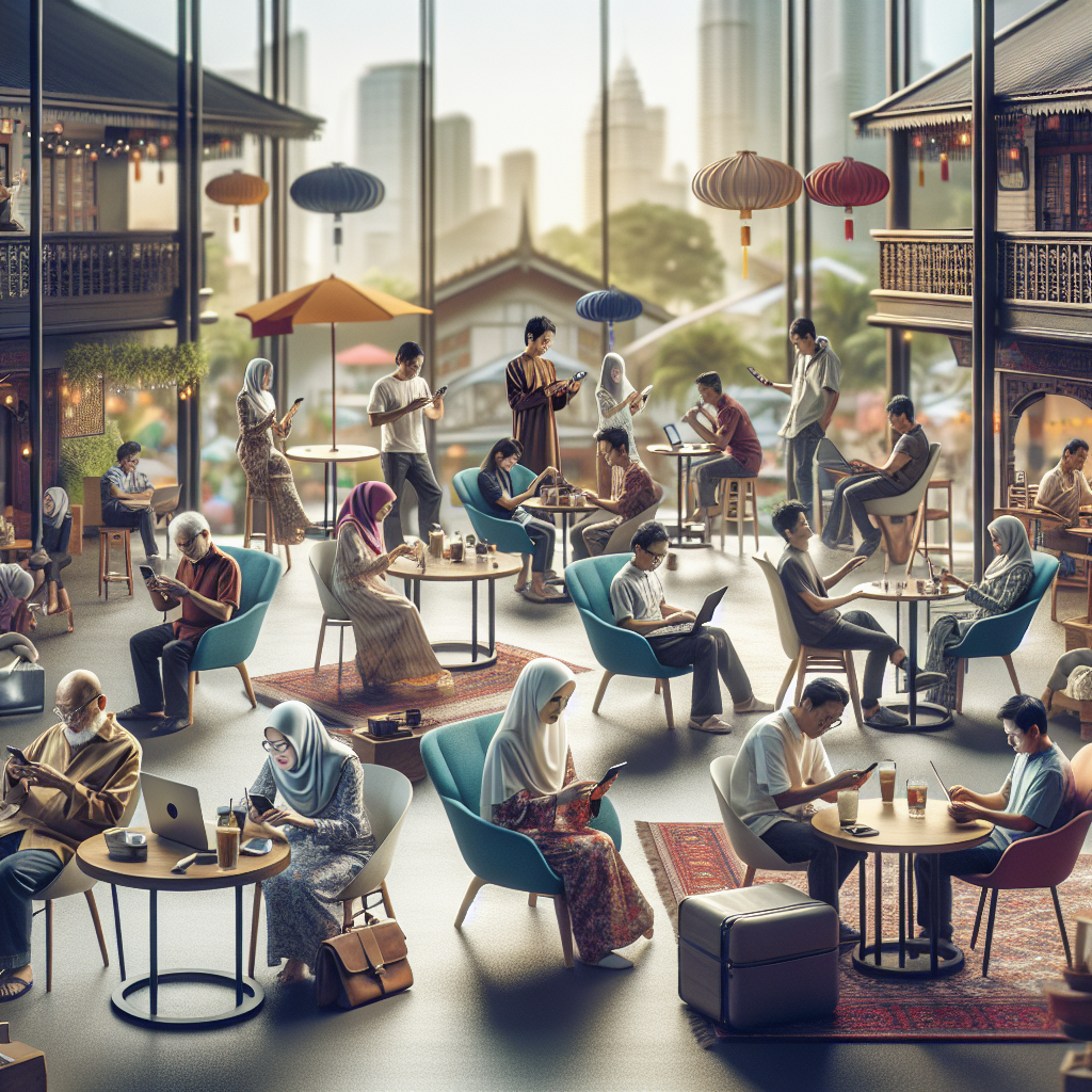 A diverse group of Malaysian people, young and old, using smartphones and laptops in various settings like a cafe, a park, and at home. They are actively searching, scrolling, and interacting with digital content, representing modern consumer behavior. The scene is vibrant and urban, with a subtle blend of traditional Malaysian elements in the background, warm natural sunlight, cinematic atmosphere, ultra realistic, highly detailed, 8k quality, photorealistic