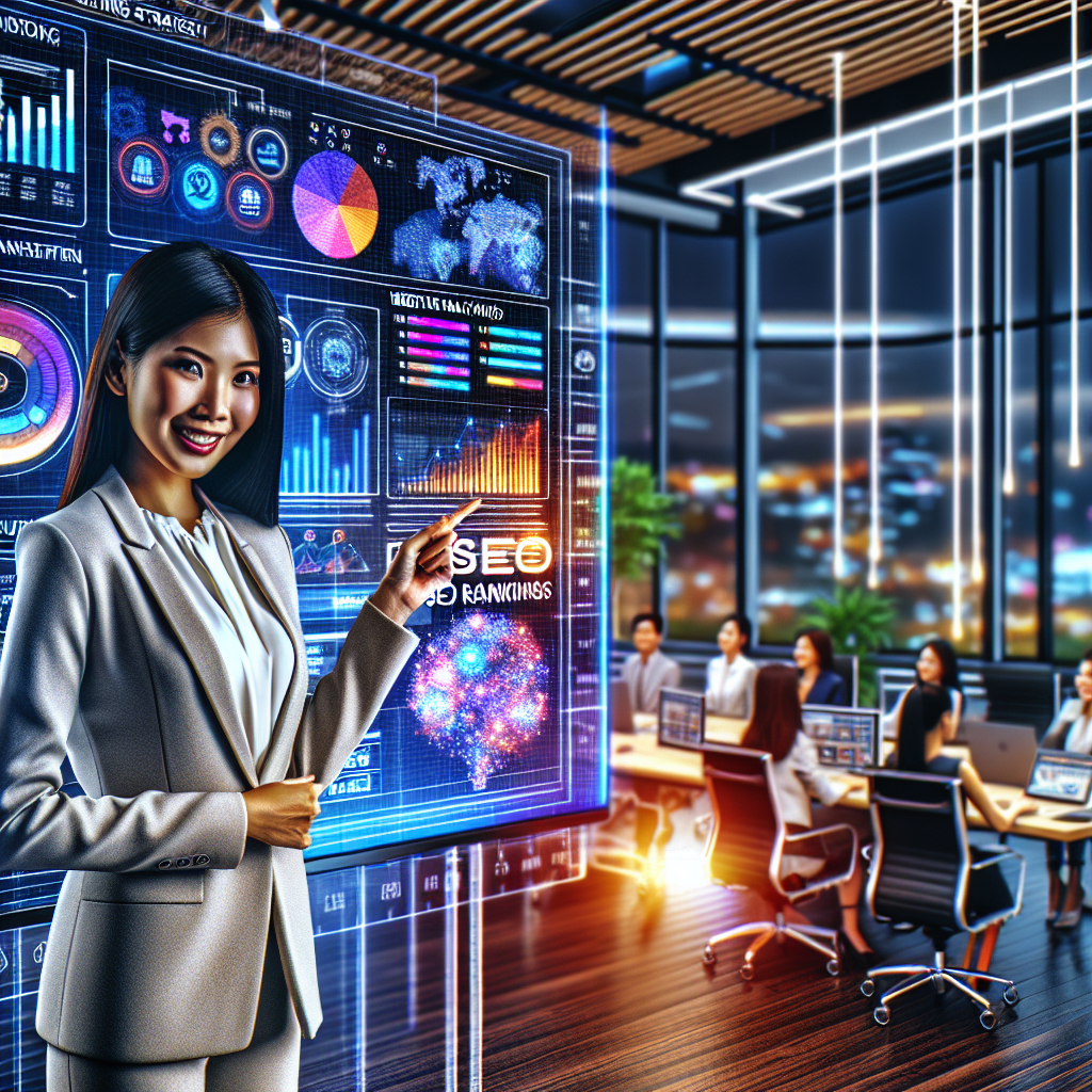 your - A professional Malaysian businesswoman confidently presenting a digital marketing strategy on a large screen in a mode