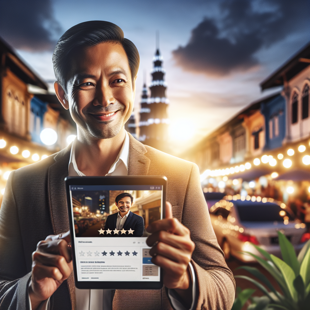 A professional Malaysian business owner, a man in his 40s, smiling confidently while looking at a tablet displaying a Google My Business profile with positive customer reviews. The background shows a bustling street market in Kuala Lumpur at dusk, with soft focus lights, reflecting the local business environment. The scene is warm, inviting, and highly detailed, capturing the essence of local commerce, cinematic lighting, photorealistic, 8k quality, Unseen Hand Online solutions.