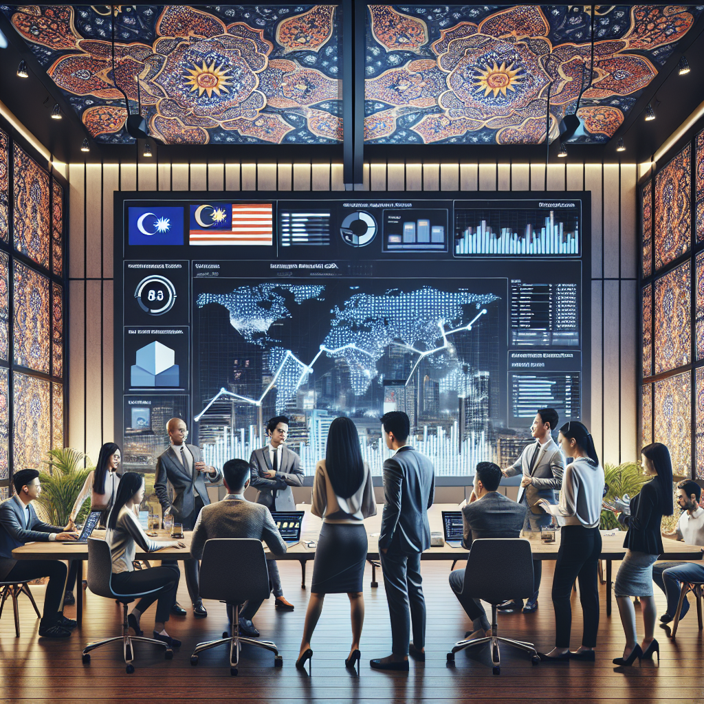 A diverse group of Malaysian business professionals, men and women, collaboratively analyzing data on a large digital dashboa