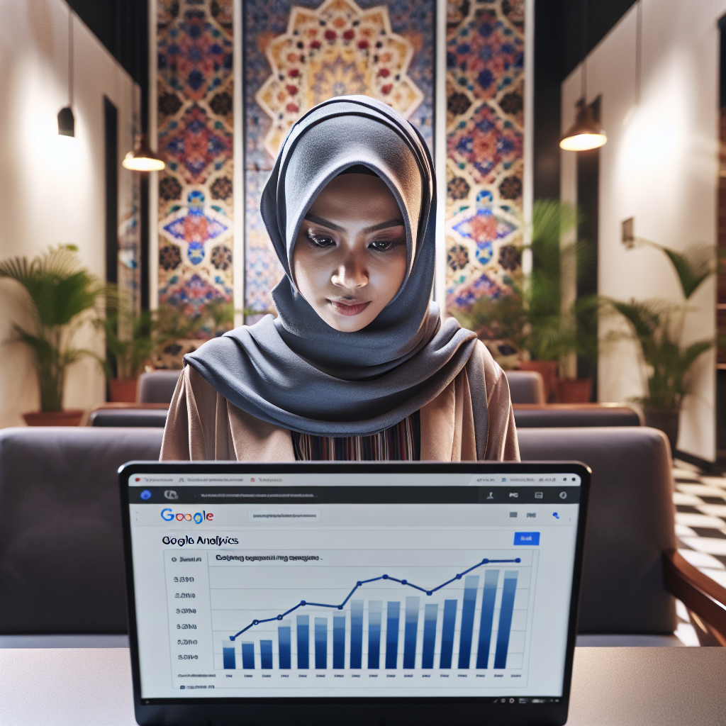 A Malaysian small business owner, a woman in a hijab, looking thoughtfully at a laptop screen displaying Google Analytics data, with a graph showing increasing website traffic. The scene is set in a modern, brightly lit office or cafe, with traditional Malaysian patterns subtly incorporated into the decor, reflecting a blend of tradition and technology. Warm, inviting atmosphere, realistic, high detail, 8k quality, professional photography style.