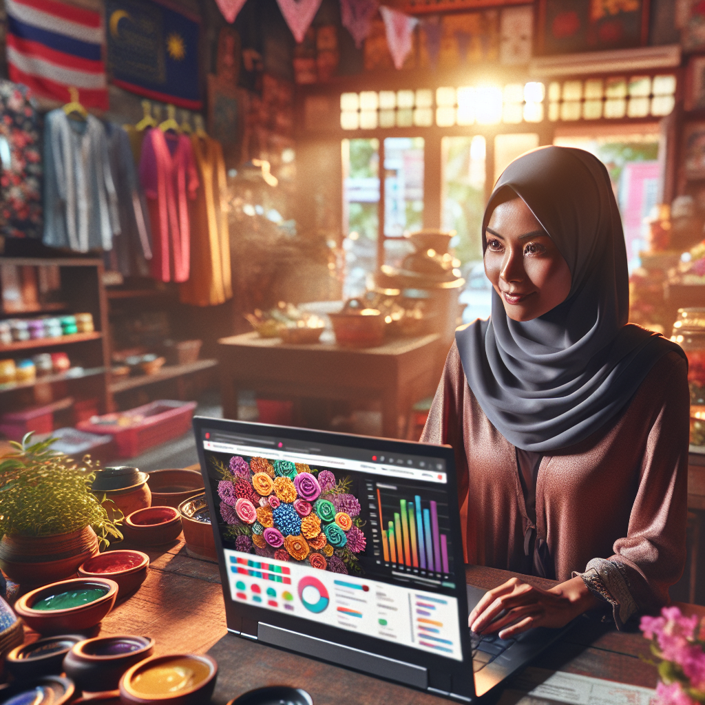 A Malaysian small business owner, a woman in her 30s wearing a hijab, looking confidently at a laptop screen, surrounded by vibrant local products in her shop, with a warm, natural sunlight filtering in. The screen displays a clear, colorful content marketing dashboard showing engagement metrics. The mood is optimistic and professional, illustrating successful digital outreach and avoiding the Lost Digital Shuffle. Highly detailed, photorealistic, 8k quality, cinematic atmosphere.