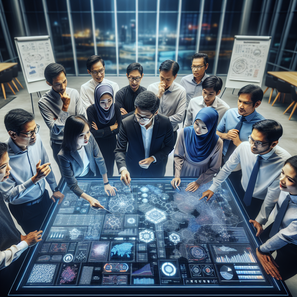A diverse team of Malaysian professionals, men and women, collaborating around a large monitor displaying complex data visual