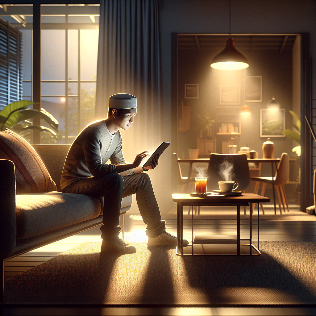 A Malaysian customer in their late 20s, casually dressed, sitting comfortably on a sofa at home, illuminated by soft window light. They are intently browsing a shopping app on a tablet, with a cup of teh tarik beside them. The background shows a modern, minimalist living room. The scene conveys a sense of relaxed convenience and the ease of making a **silent** purchase. Warm, inviting colors, ultra realistic, highly detailed, 8k quality, photorealistic