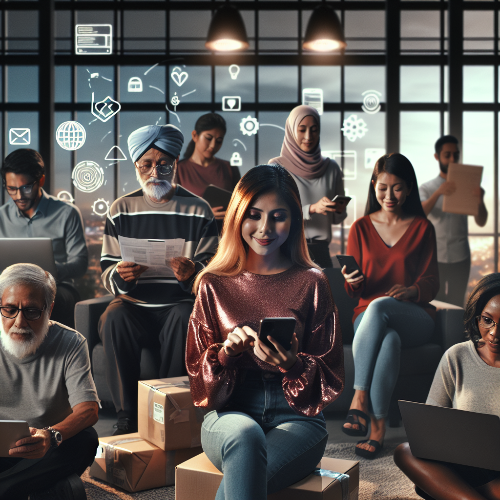 A diverse group of Malaysian customers, young and old, confidently interacting with various digital interfaces – one is mak