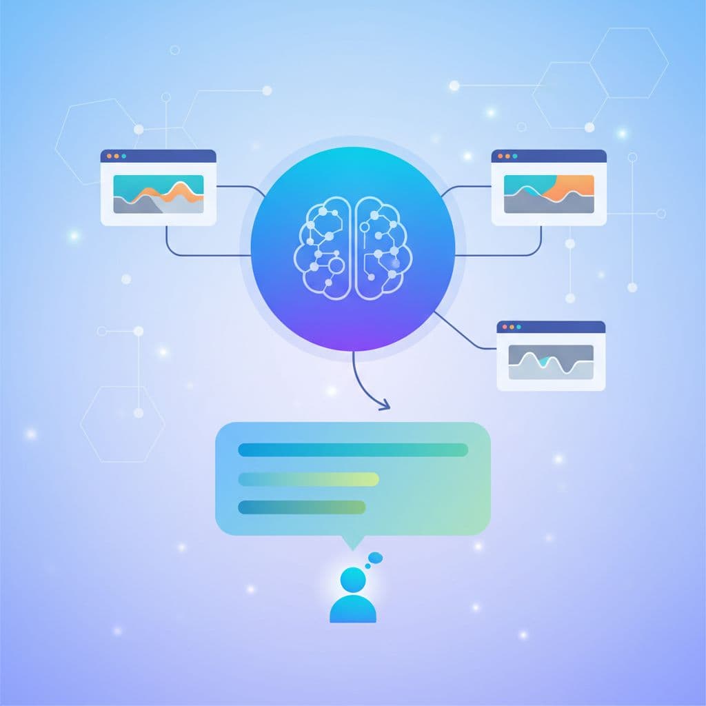 A flat vector illustration features abstract shapes and flowing lines converging toward a central glowing point. Various colored geometric nodes represent diverse web sources merging into a single organized response.