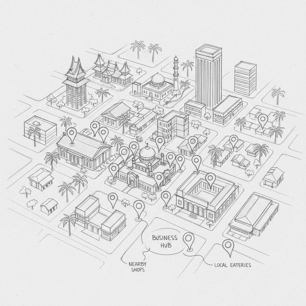 A graphite sketch of a city map layout features several location pins placed over various building structures.