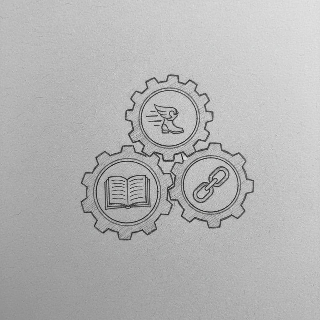 A graphite sketch of three interlocking gears representing key SEO components on a light gray background.