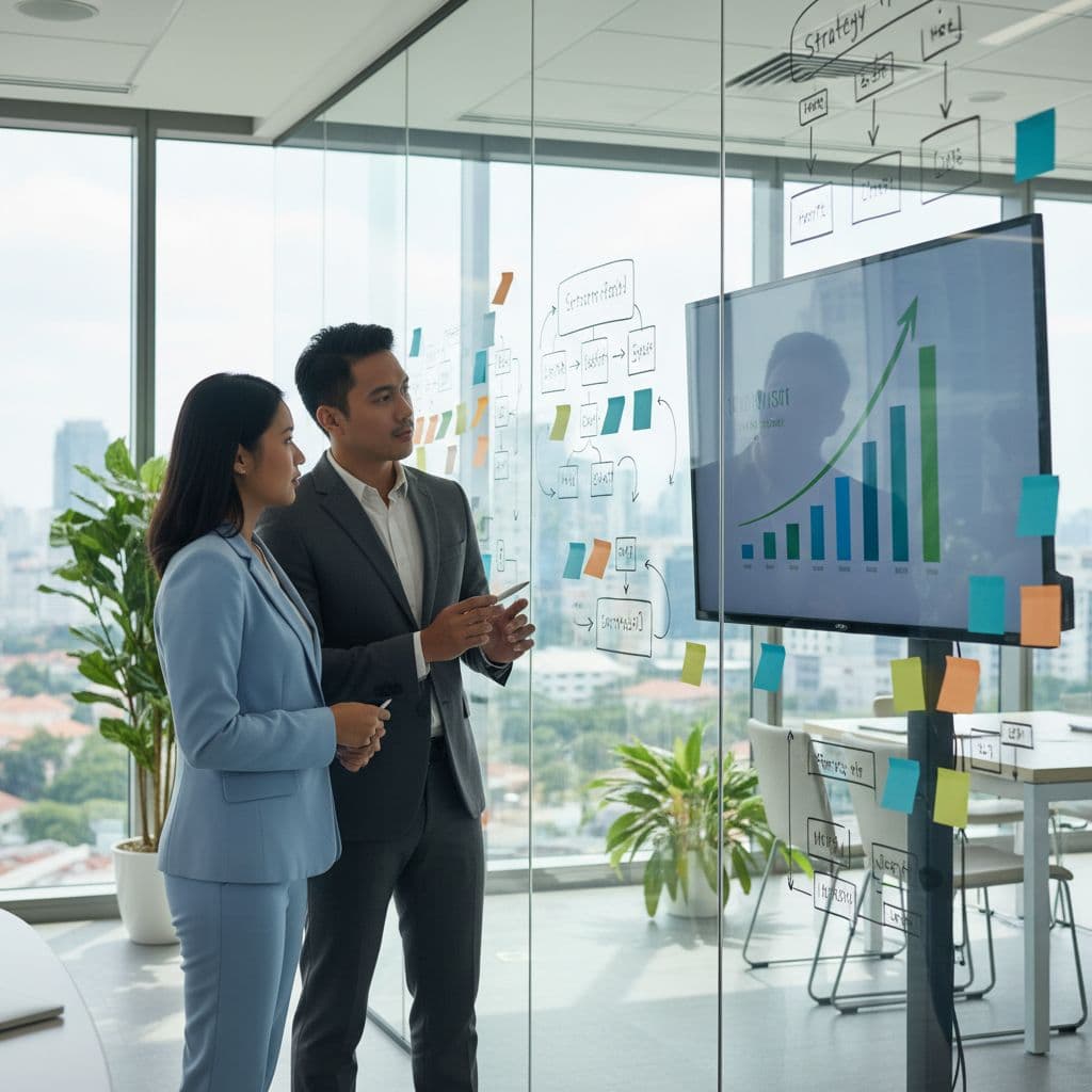 Two business professionals stand before a glass wall adorned with colorful sticky notes and diagrams. They analyze abstract website growth charts on a digital screen to coordinate their search marketing plan.