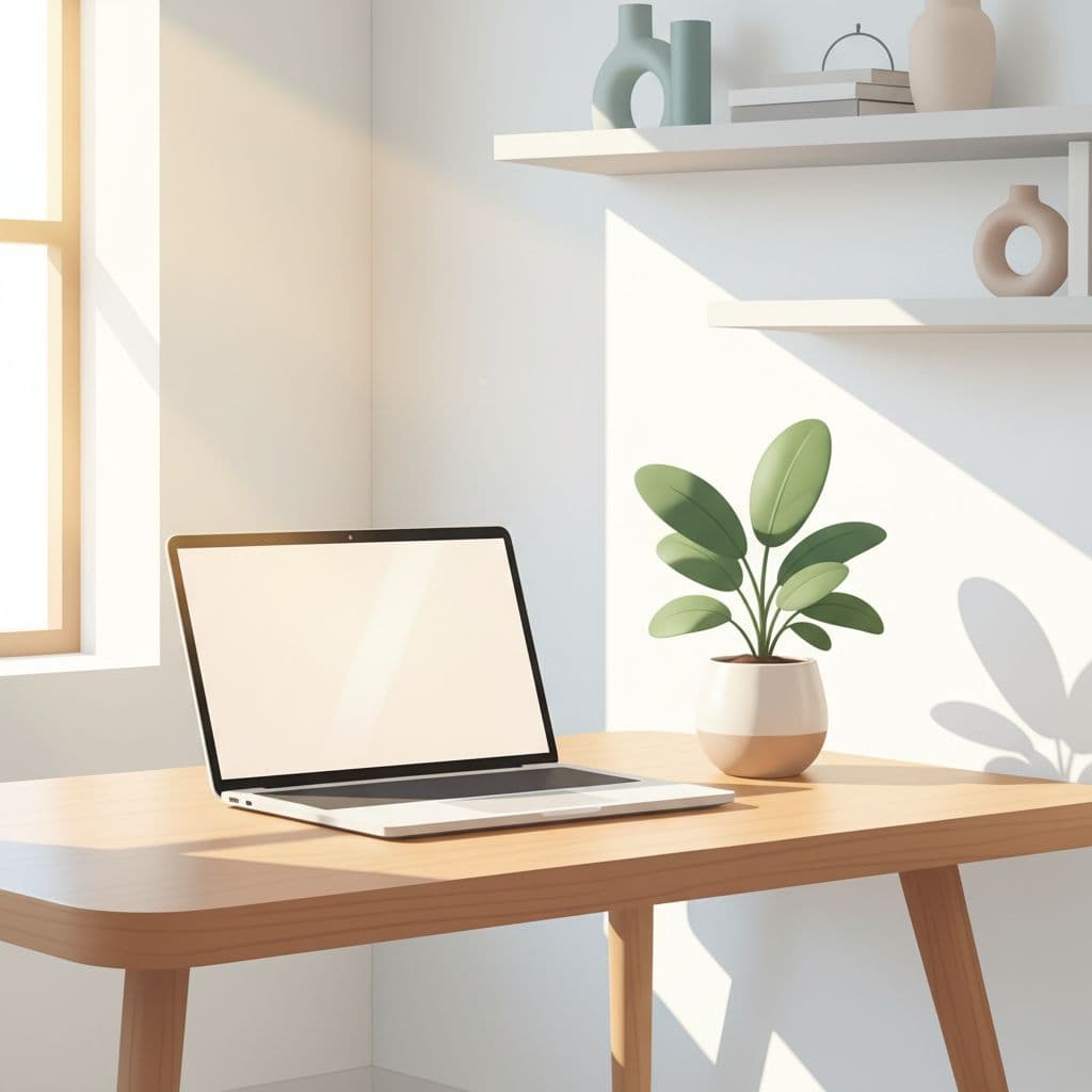 A sleek white desk holds a metallic laptop and a small green succulent plant. The clean composition uses warm ambient lighting to evoke a professional atmosphere for focused digital work.