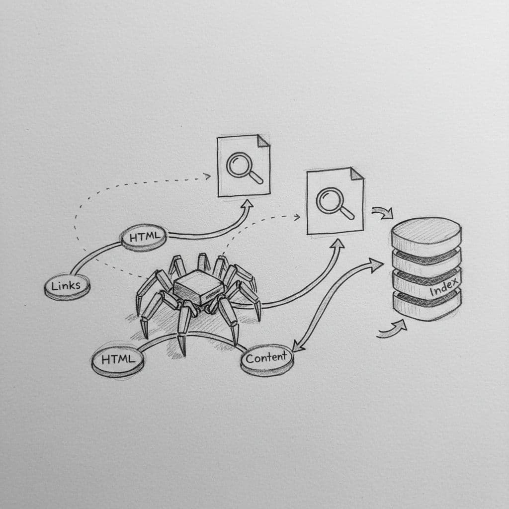 A graphite sketch showing a mechanical spider moving across a network of interconnected digital nodes.