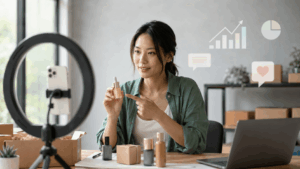 Woman filming a beauty product review with a ring light, makeup bottles on a desk, and a laptop nearby.