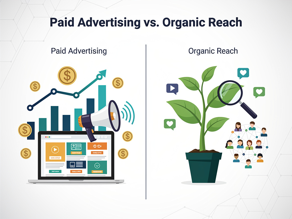 Infographic comparing paid advertising and organic reach, with a laptop, rising chart, and coins on the left and a plant with a magnifying glass over a network of people on the right.