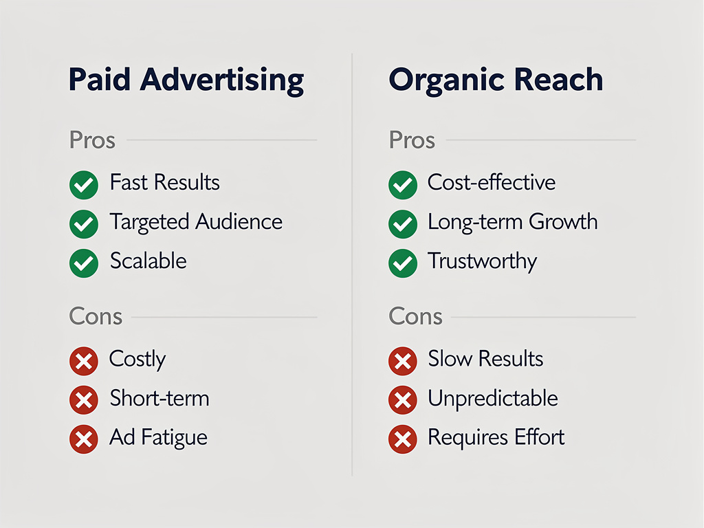 Paid Advertising vs Organic Reach - SEO Agency | Pixelpro Malaysia Infographic comparing Paid Advertising vs Organic Reach: two columns with Pros and Cons, green checks for pros and red Xs for cons.