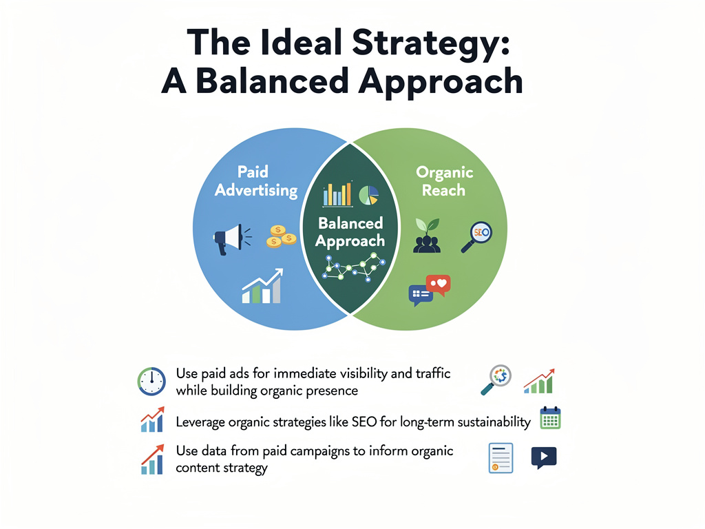 Diagram of a balanced marketing strategy: overlap of Paid Advertising and Organic Reach with 'Balanced Approach' in the center, plus checklist bullets below describing tips.