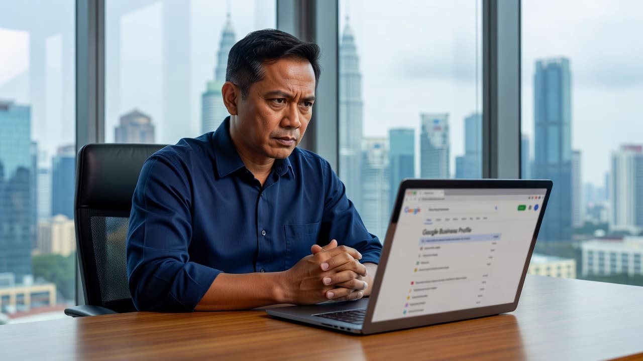 A concerned Malaysian business professional sits at a clean wooden desk in a modern office. They gaze intensely at a laptop screen that displays a blurred, non-functional search engine interface.