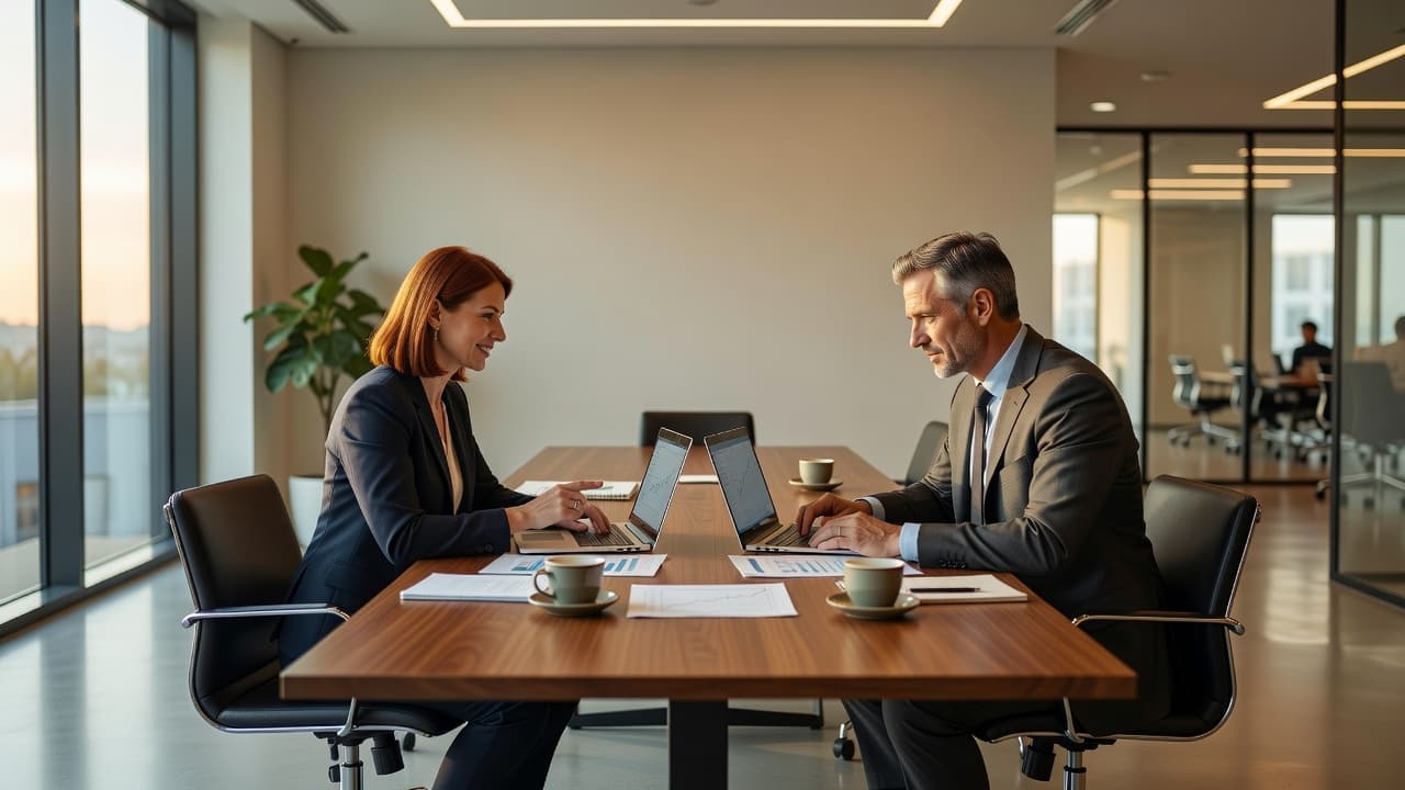 Two colleagues sit at a white table in a sunlit office, reviewing documents and discussing strategy. A laptop and open folders are arranged between them as they engage in conversation.