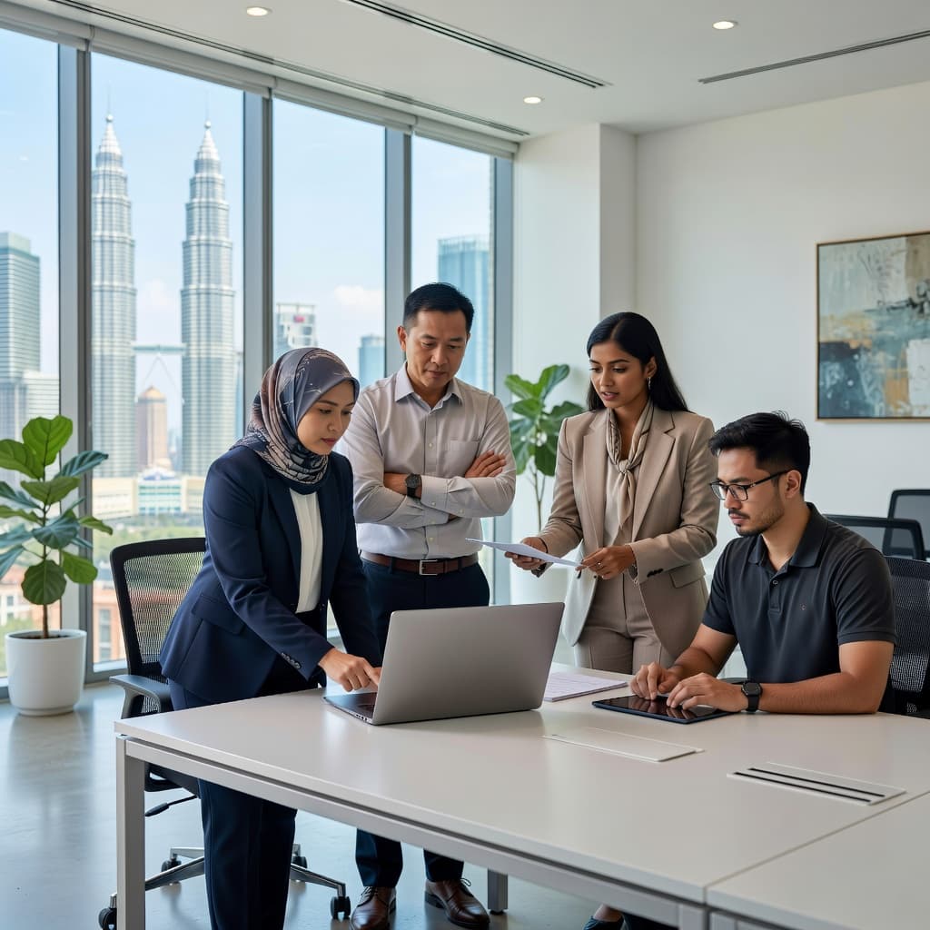 A diverse group of professionals gathers around a sleek laptop to review a strategy document in a bright, modern office space. Sunlight illuminates the clean workspace, highlighting their focused collaborative effort.