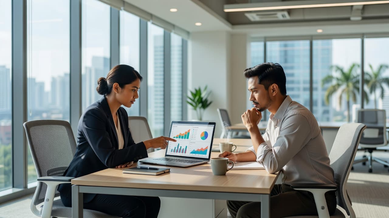 Two colleagues analyze data on a laptop screen while collaborating at a sleek, minimalist wooden desk. Warm natural light illuminates the modern office space, highlighting their focused, professional marketing discussion.