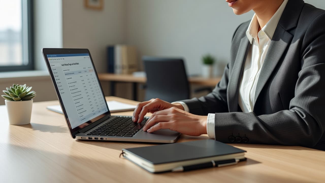 A close-up view shows hands typing on a slim silver laptop during a content review. A clean white desk holds a notebook and pens, emphasizing a productive professional workspace environment.